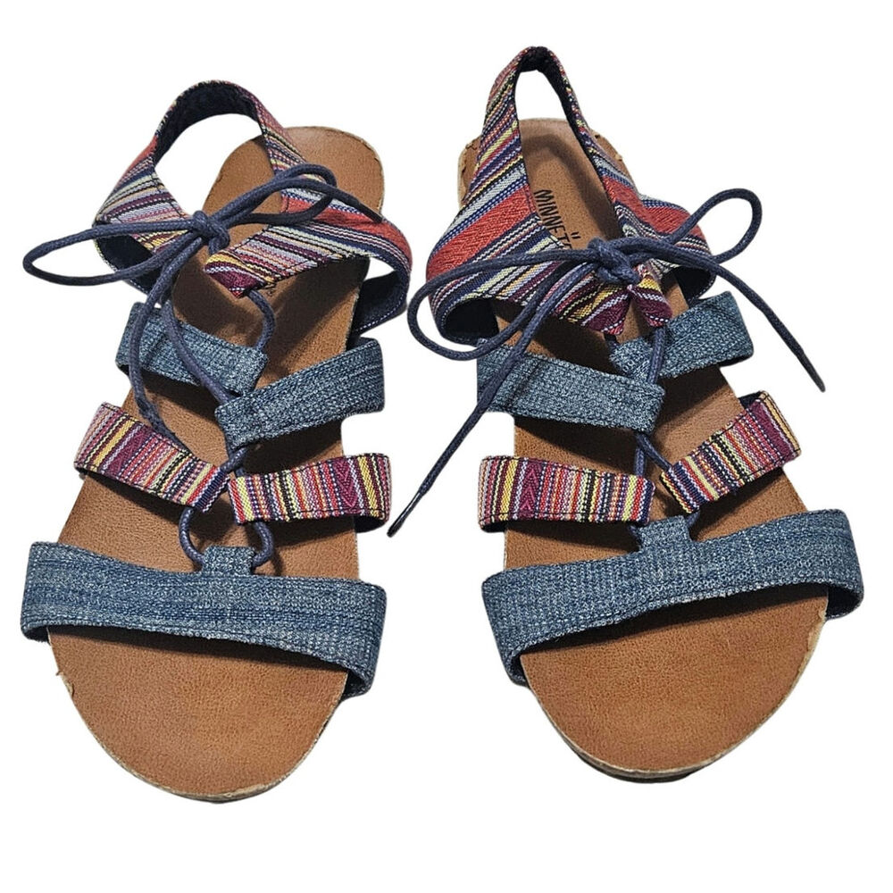 Minnetonka Boho Denim Effie Gladiator Flat Sandals Ghilli Tribal Stripes Size 11